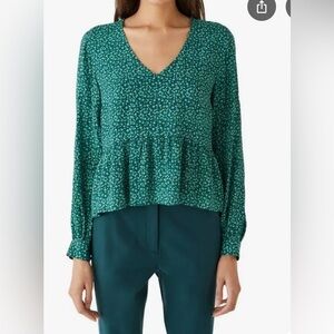 Frank & Oak Green Long Sleeve Floral Peplum Lightweight V-Neck Women's Top